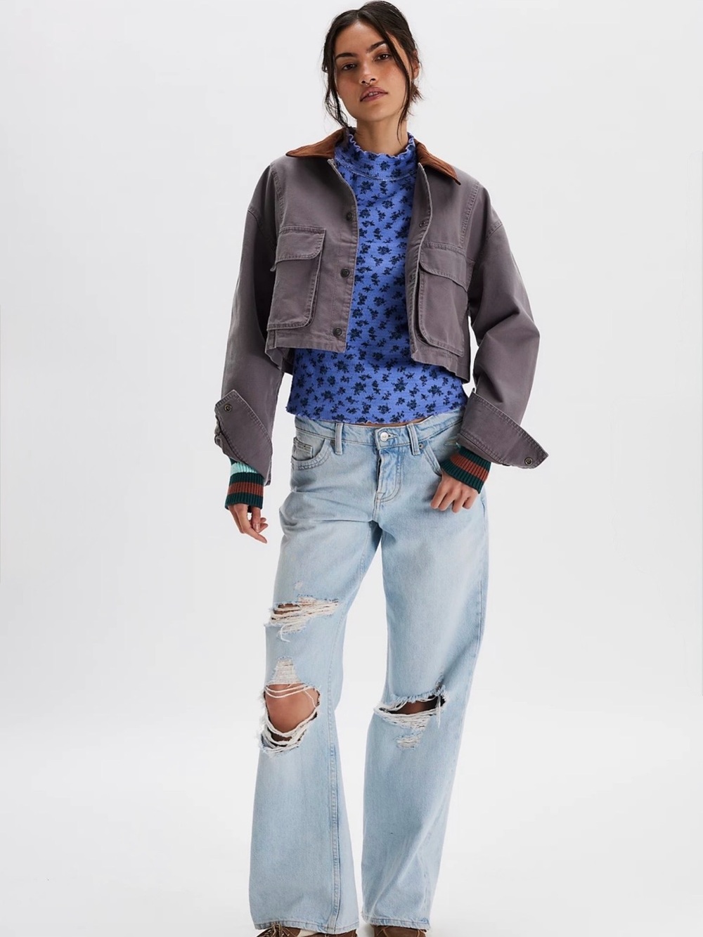 We The Free Lavender Top with Dark Floral Print